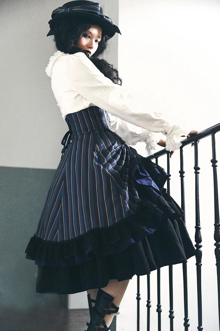 Point Manor Multi-layer Striped Print Ruffle Vintage Elegant Gothic Lolita Skirt 4 Colors