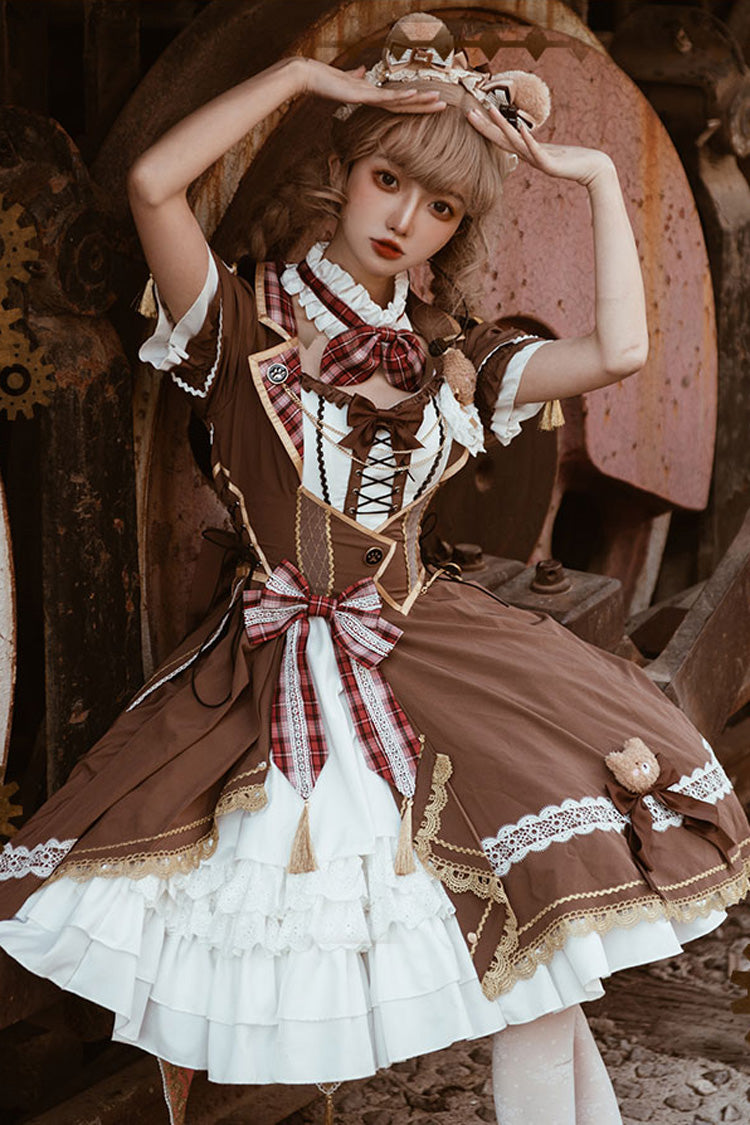White/Brown Bear Detective Short Sleeves Ruffle Cardigan Bowknot Gothic Punk Lolita Dress