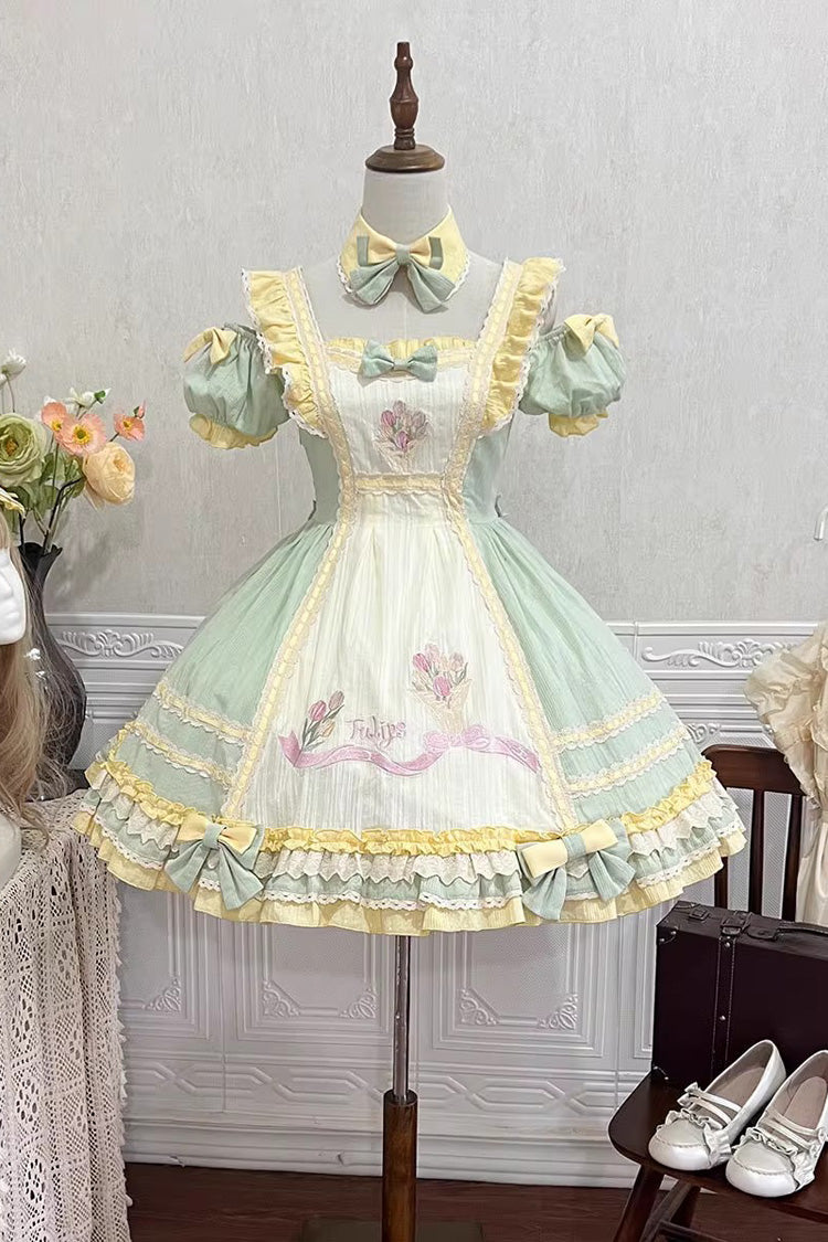 Green Short Sleeves Tulip Print Ruffle Bowknot Sweet Lolita Dress