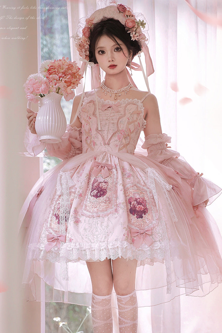 Pink Rose Window Print Ruffle Bowknot Lace Sweet Elegant Princess Lolita Jsk Dress