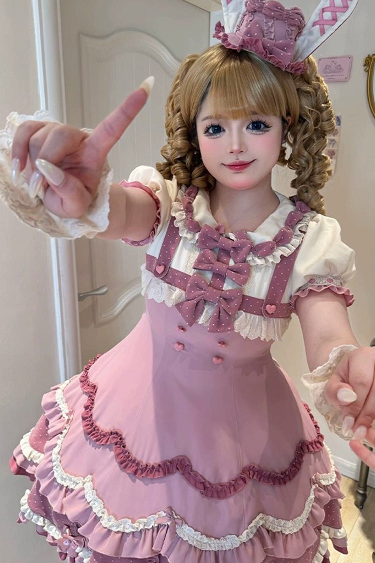 Pink Bunny Parfait Short Sleeves Multi-Layered Ruffle Bowknot Sweet Lolita Dress