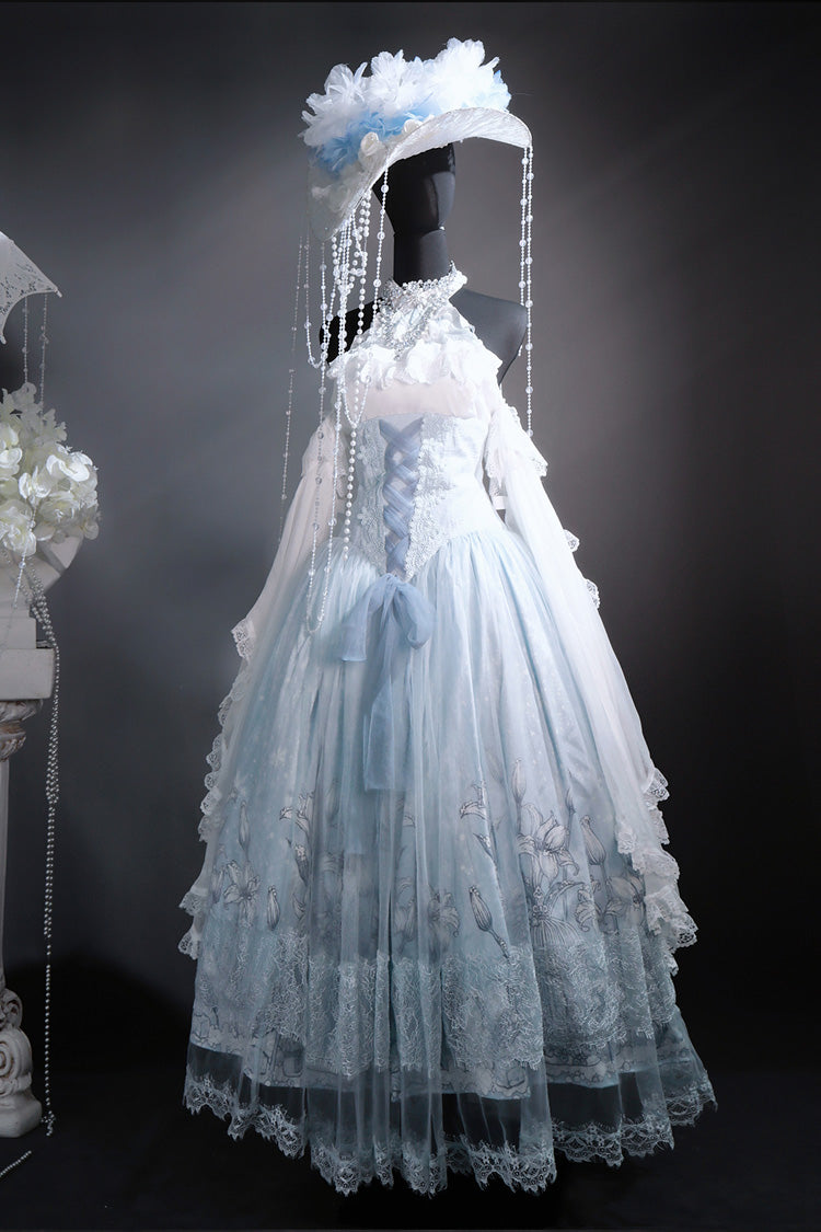 Blue Snow Lily Print Ruffle Hanayome Embroidery Bowknot Lace-Up Sweet Elegant Princess Lolita Skirt Set