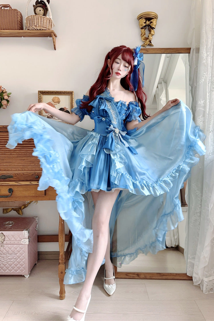 Blue Mermaid Princess Ruffle Hanayome Bowknot Sweet Elegant Lolita Jsk Dress Set