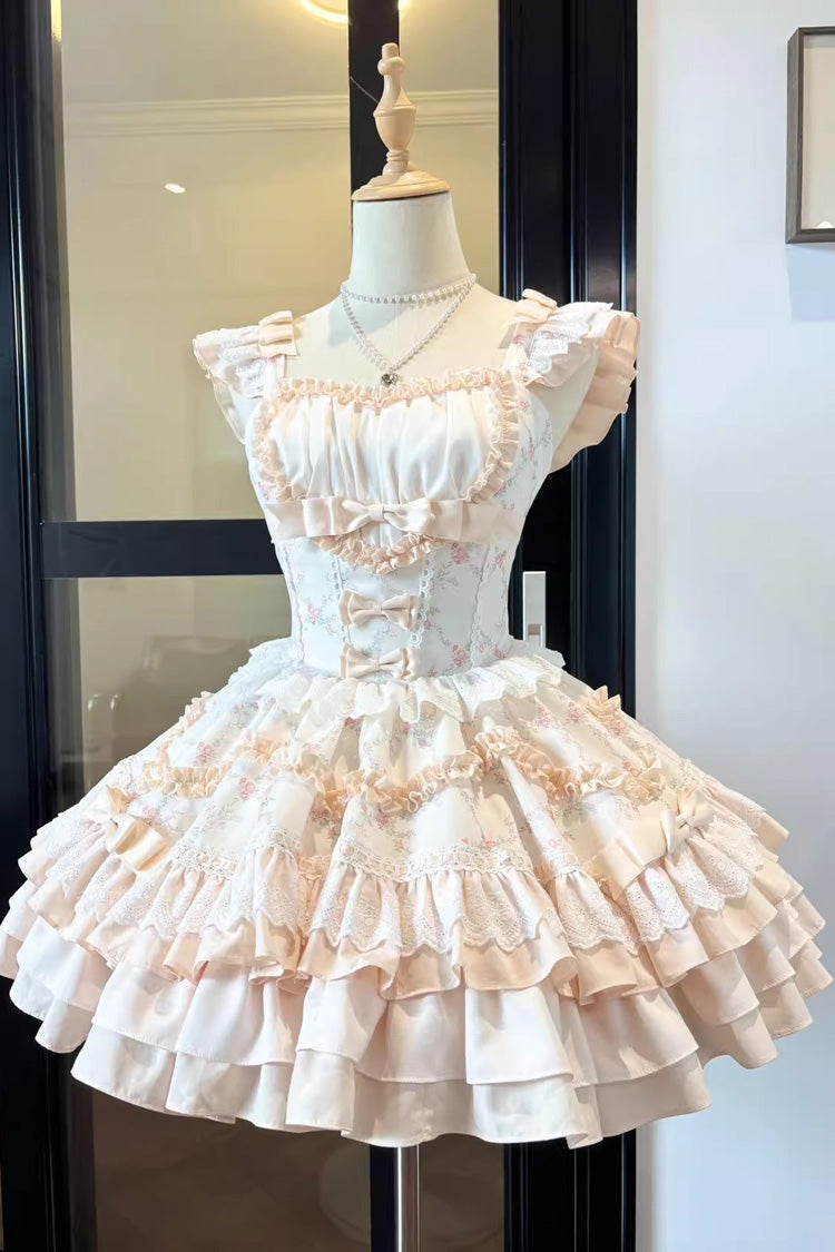 Floral Print Multi-layer Ruffle Bowknot Lace Sweet Lolita Tiered Dress 2 Colors