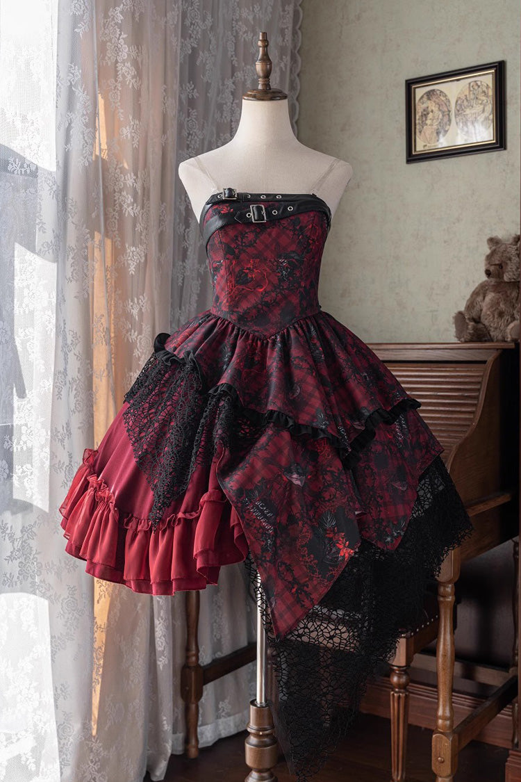 Red Strawberries of Blood and Tears Sleeveless Print Ruffle Bowknot Lace Asymmetric Gothic Lolita Jsk Dress