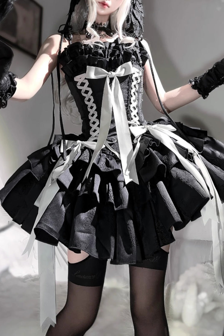 Thousand Paper Cranes Sleeveless Multi-Layered Ruffle Bowknot Lace-Up Fishbone Gothic Lolita Jsk Dress 4 Colors