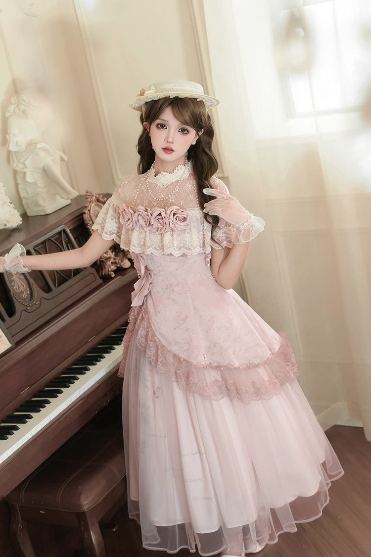 Pink Rose Poems Ruffle Embroidery Bowknot Lace Asymmetric Sweet Elegant Lolita Dress Set