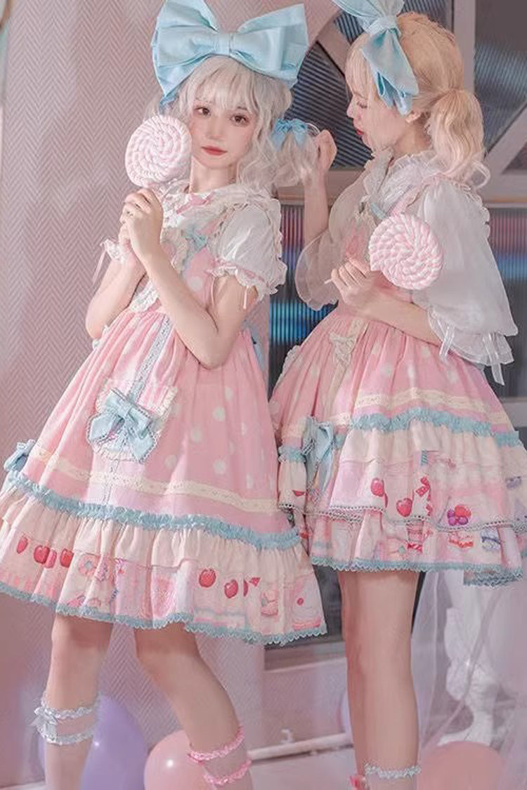 Pink Frosted Sugar Sweetheart Double-Layered Print Ruffle Bowknot Sweet Princess Lolita Jsk Dress