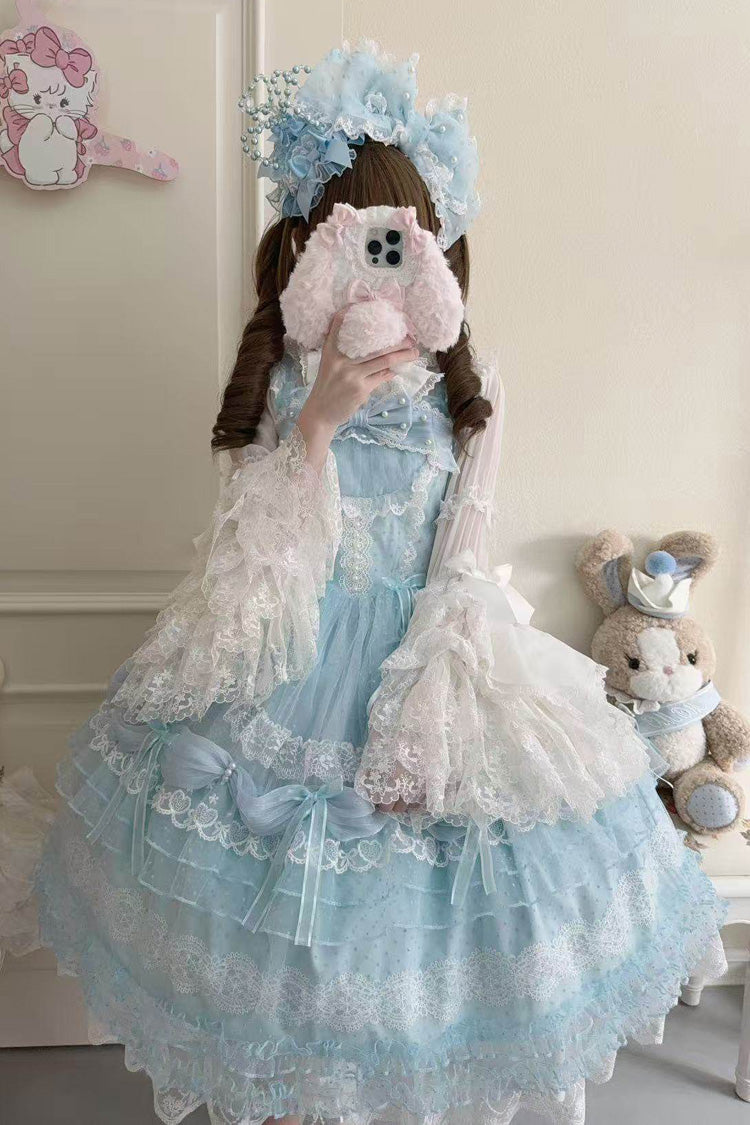 Blue Sugar Heart Knot Multi-Layered Ruffled Bow Lace Sweet Lolita Jsk Dress