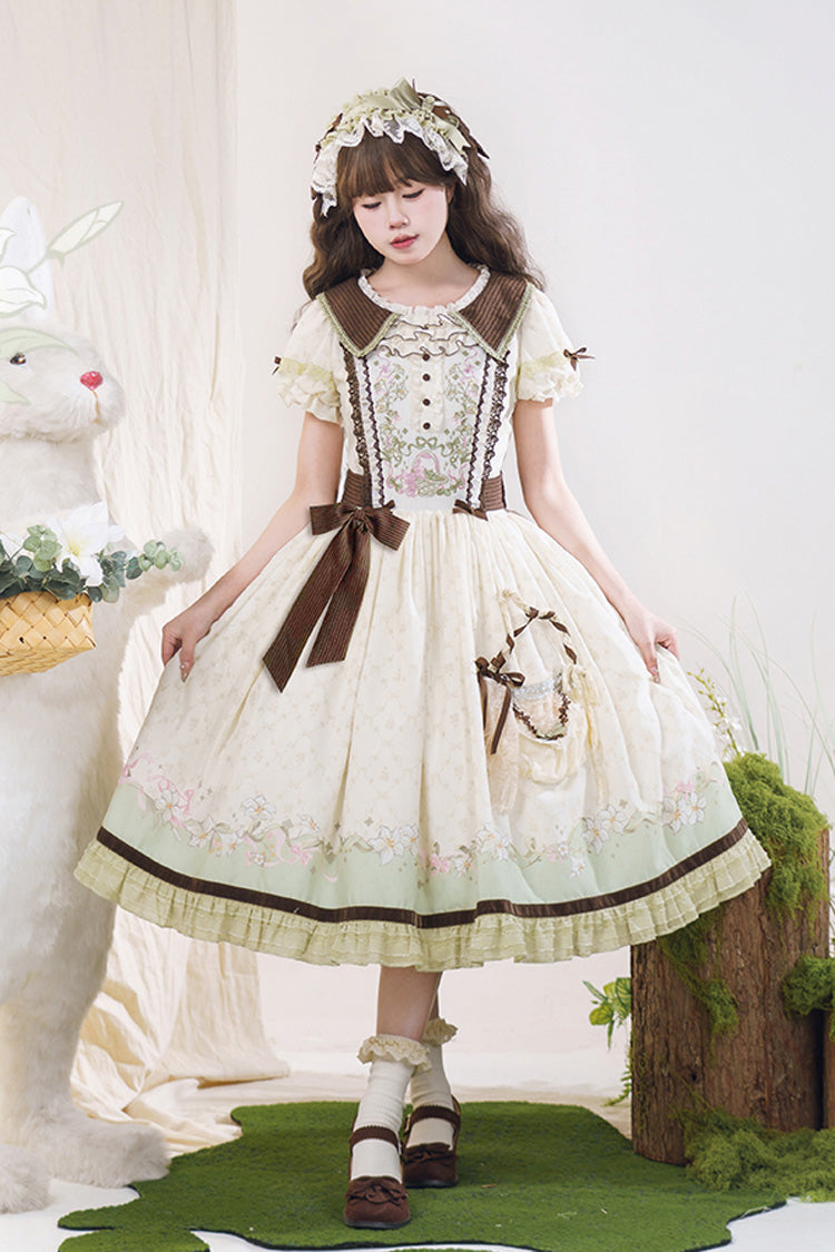 Green/Ivory Lily Short Sleeves Print Ruffle Embroidery Bowknot Lace Sweet Elegant Lolita Dress
