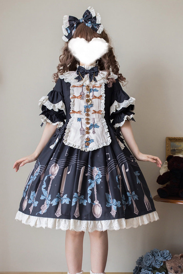 Dark Blue The Witch's Banquet Round Collar Short Sleeves Printed Ruffled Embroidered Bow Lace Sweet Lolita Jsk Dress
