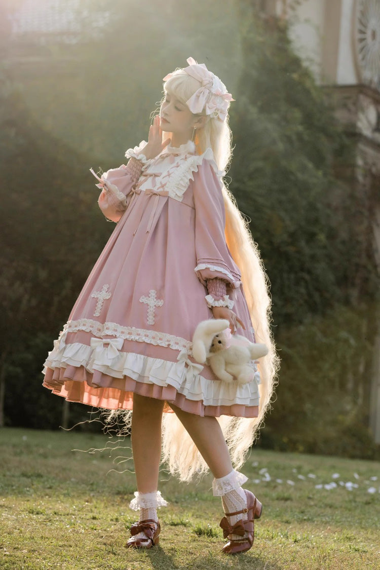 Pink Cross Wish Dream Long Sleeves Bowknot Lace-Up Sweet Lolita Tiered Dress