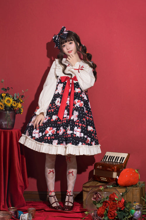 Round Collar High Waist Strawberry Milk Jar Printed Sweet Lolita OP Dress