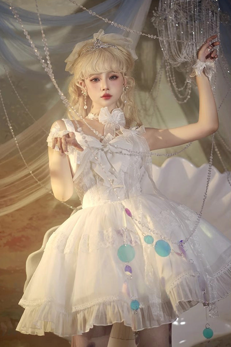 White Bright Moonlight Sleeveless Ruffle Bowknot Lace Lace-Up Sweet Elegant Lolita Jsk Dress