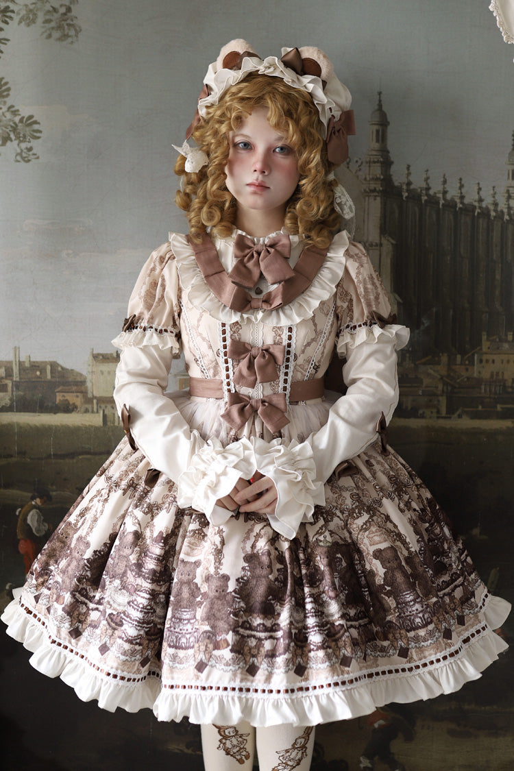 Brown Teddy Bear Party Round Collar Short Sleeves Printed Ruffled Bow Daily Sweet Lolita Dress