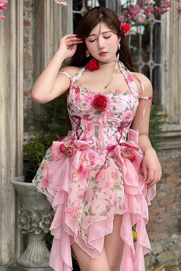 Pink Multi-Color Rose Print Sleeveless Short Version Sweet Lolita Strapless Dress