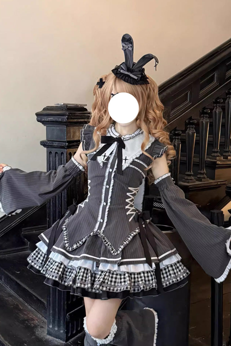 Black Berlin Covenant Detachable Sleeves Hime Sleeves Print Ruffle Bowknot Lace-Up Gothic Lolita Dress Set