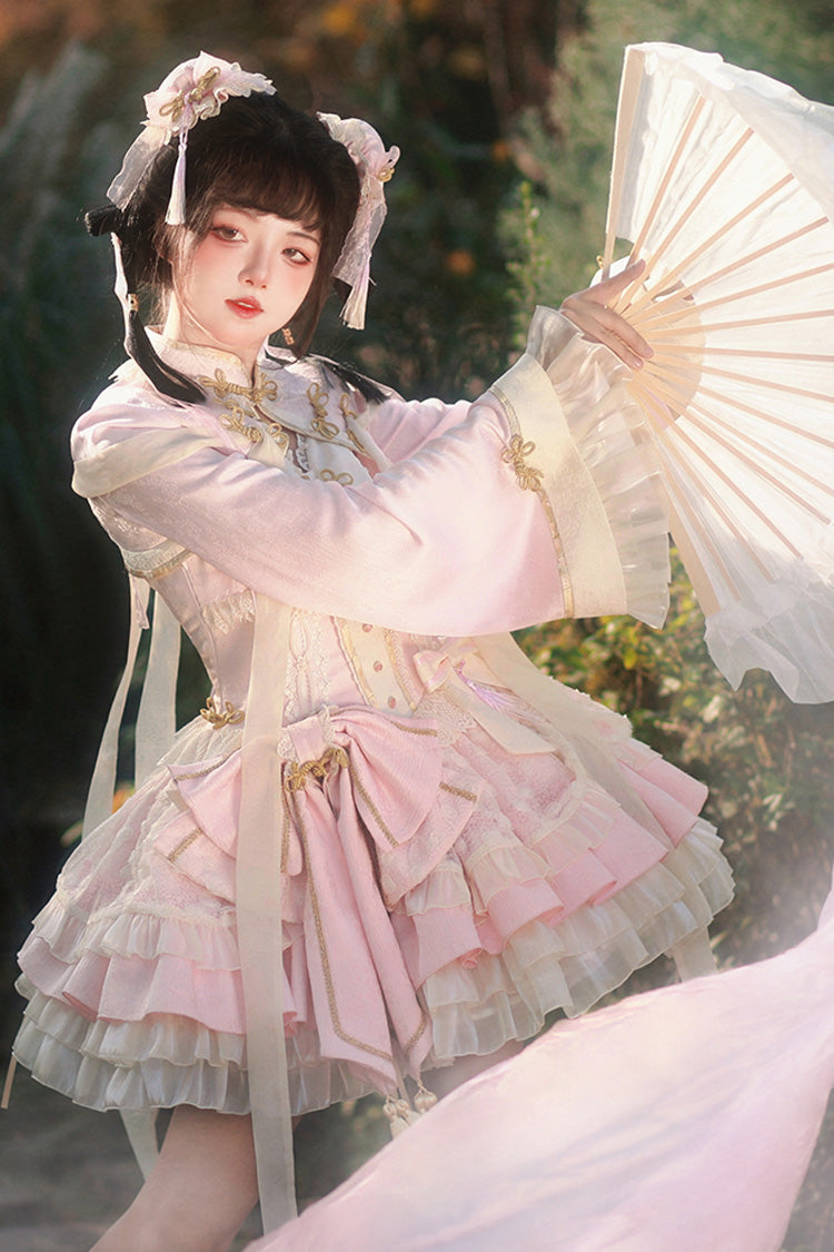 Pink White Pear Dream Multi-layer Ruffle Lace Sweet Chinese Style Princess Lolita Jsk Dress