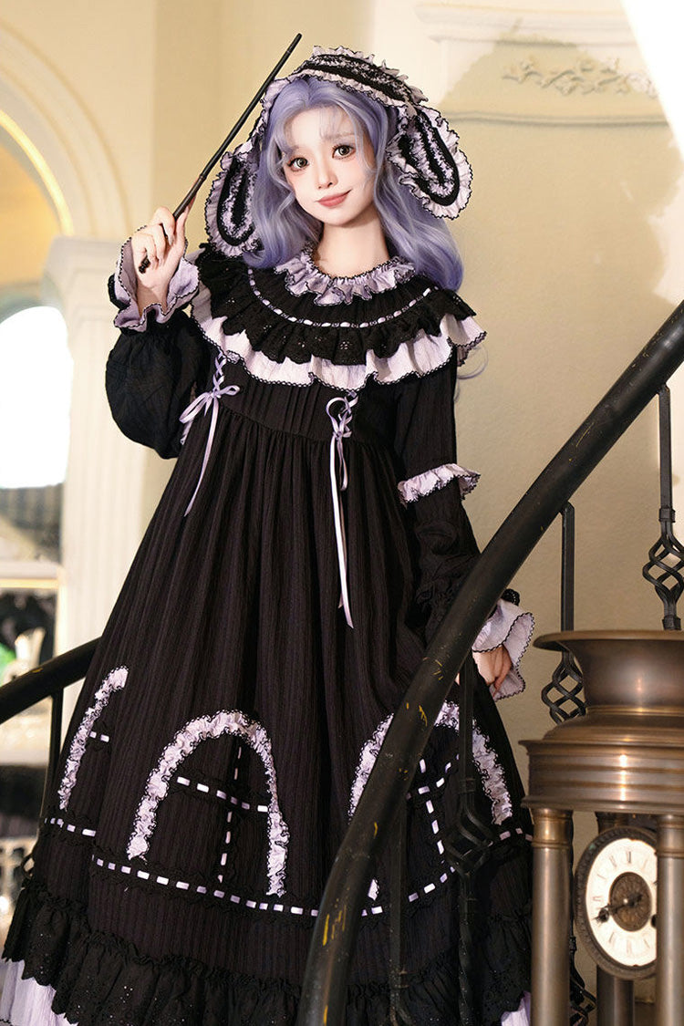 Black Twin Lilian Round Collar Long Sleeves Double-Layered Ruffled Bow Lace-Up Gothic Lolita Dress