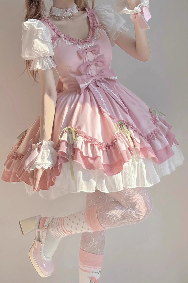 White/Pink Short Sleeves Ruffle Bowknot Princess Sweet Lolita OP Dress