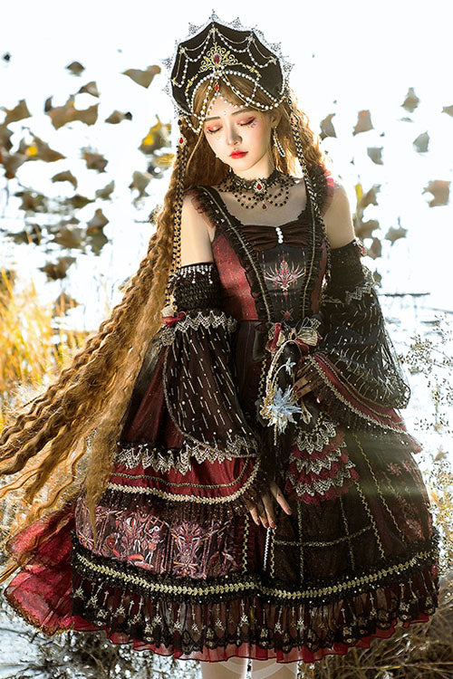 Wine Vintage Hanayome Eye of Red Heart Bowknot Multi-Layer Ruffled Classic Lolita JSK Dress