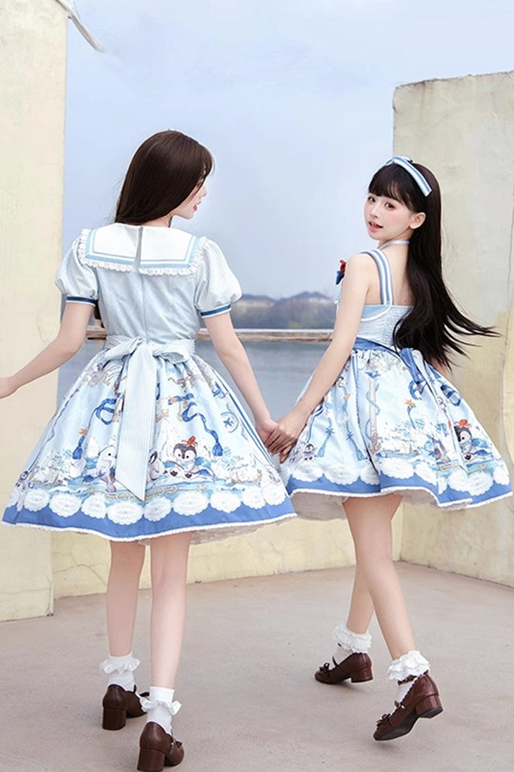 Blue Penguin Navy Print Ruffle Bowknot Sweet Princess Lolita Jsk Dress