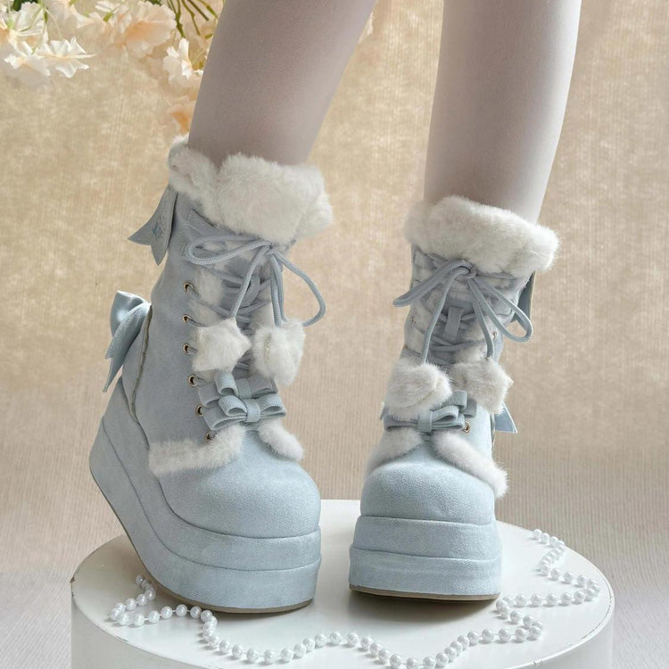 Blue Cute Platform Thick-Soled Bowknot Lace-Up Sweet Lolita Plush Boots