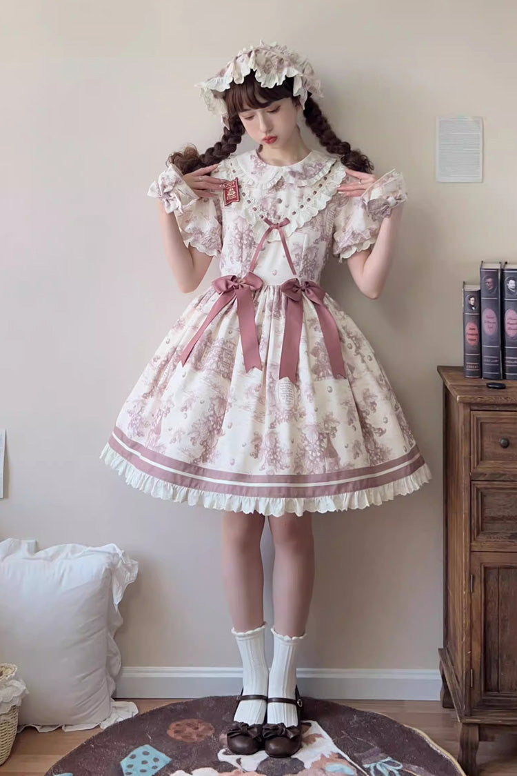 Smoky Purple Grape Moon Almanac Short Sleeves Multi-Layered Printed Ruffled Bow Sweet Lolita Dress