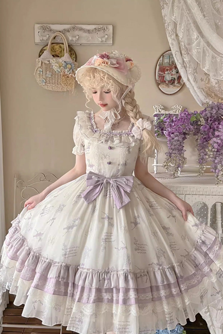 Letters and Poems Starry Bellflower Print Short Sleeve Square Neck Sweet Lolita Dress