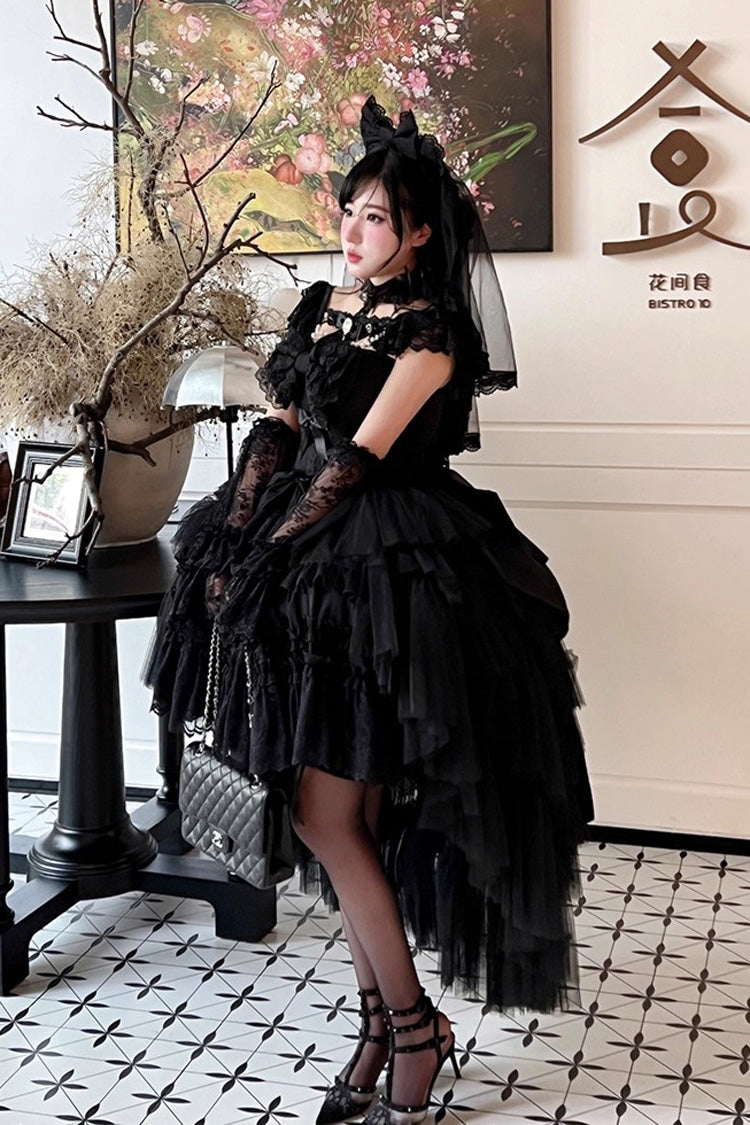 Black Jewelry Love Story Halterneck Ruffle Hanayome Bowknot Lace Gothic Lolita Dress