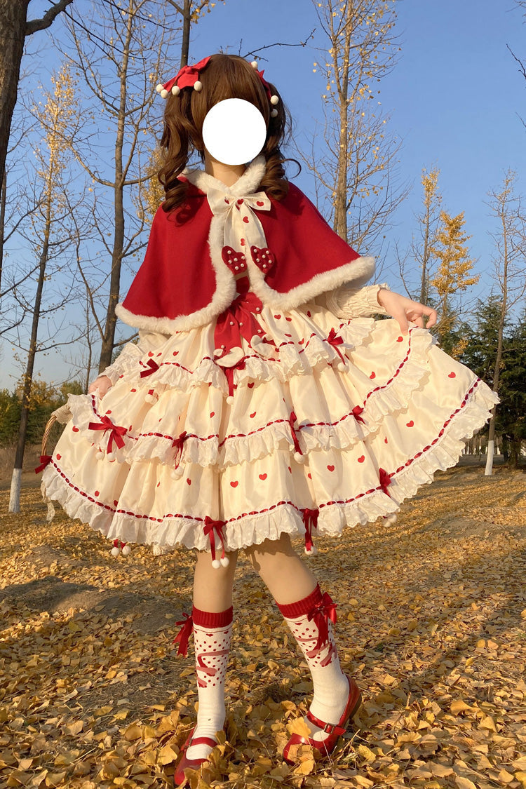 Red/Apricot Triple-Layered Print Ruffle Bowknot Lace Sweet Princess Lolita Dress Cloak Set