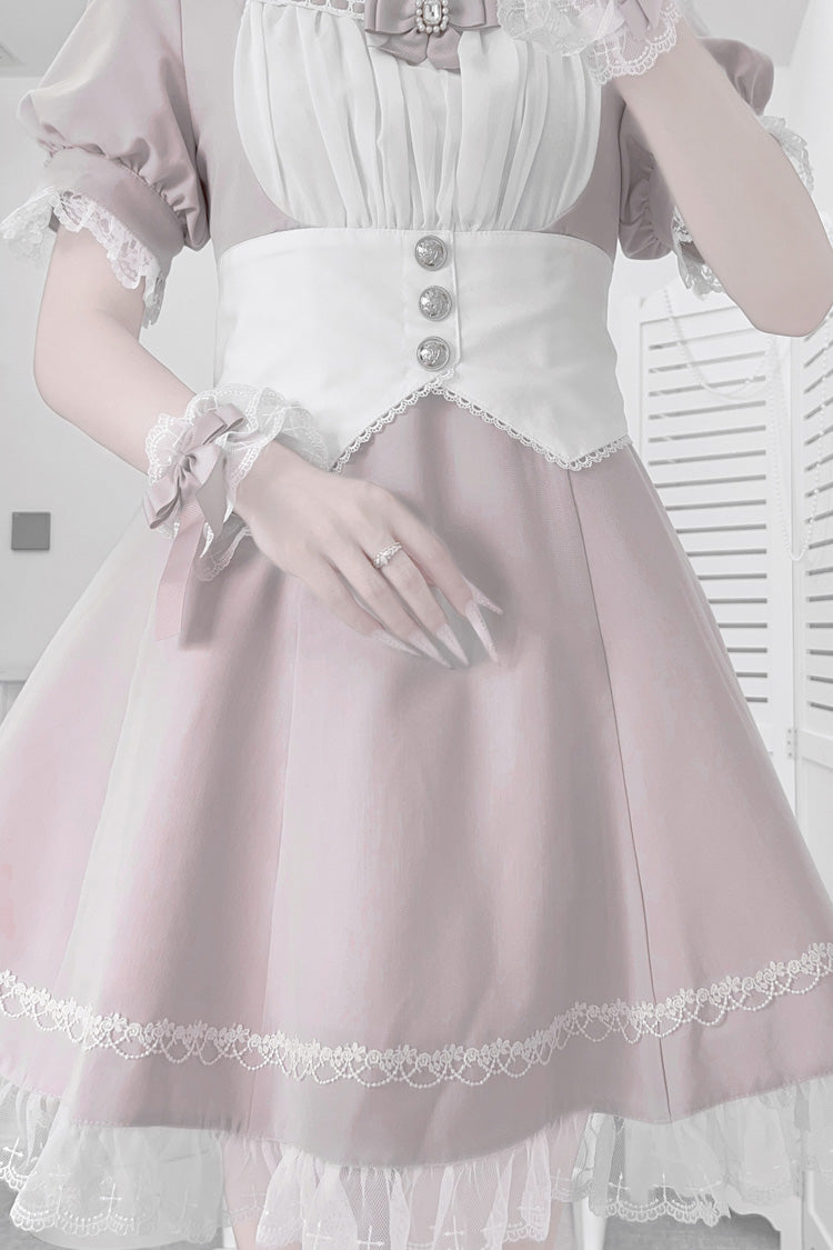 Pink/White Short Sleeves Ruffle Bowknot Cross Waist Maid Sweet Japanese Lolita Dress Set
