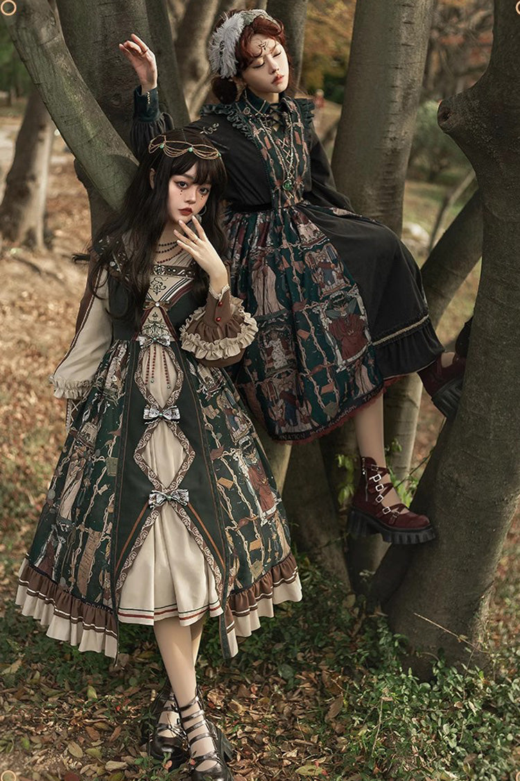 Dark Blue Tarot Print Ruffle Bowknot Sweet Elegant Lolita Strap Dress