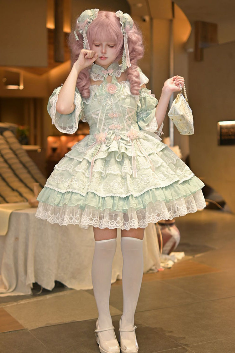 Green Rain of Peaches Sleeveless Multi-Layered Bowknot Lace Sweet Chinese Style Lolita Jsk Dress