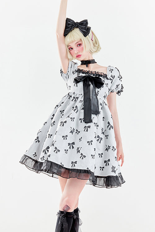 White Square Neckline Butterfly Print Short Sleeves Fungus Ruffled Sweet Lolita OP Dress