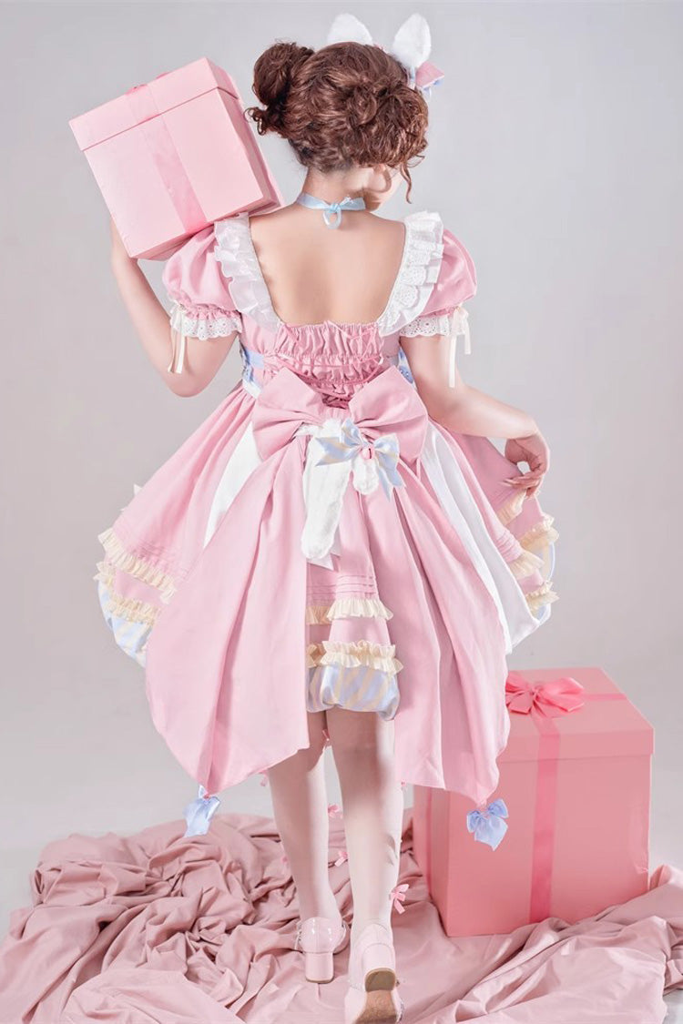 Pink Short Sleeves Multi-Layered Ruffle Bowknot Sweet Princess Lolita Dress Full Set