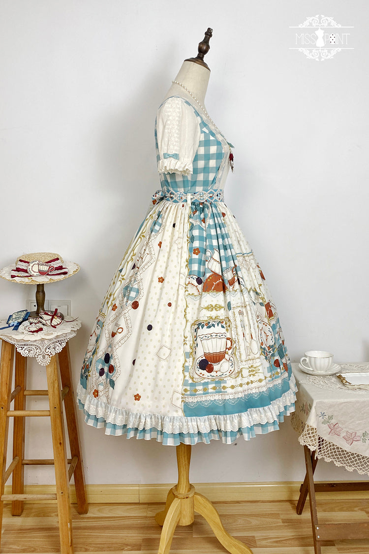 Blue/Green Tea Party Short Sleeves Print Ruffle Bowknot Lace Sweet Elegant Lolita Dress