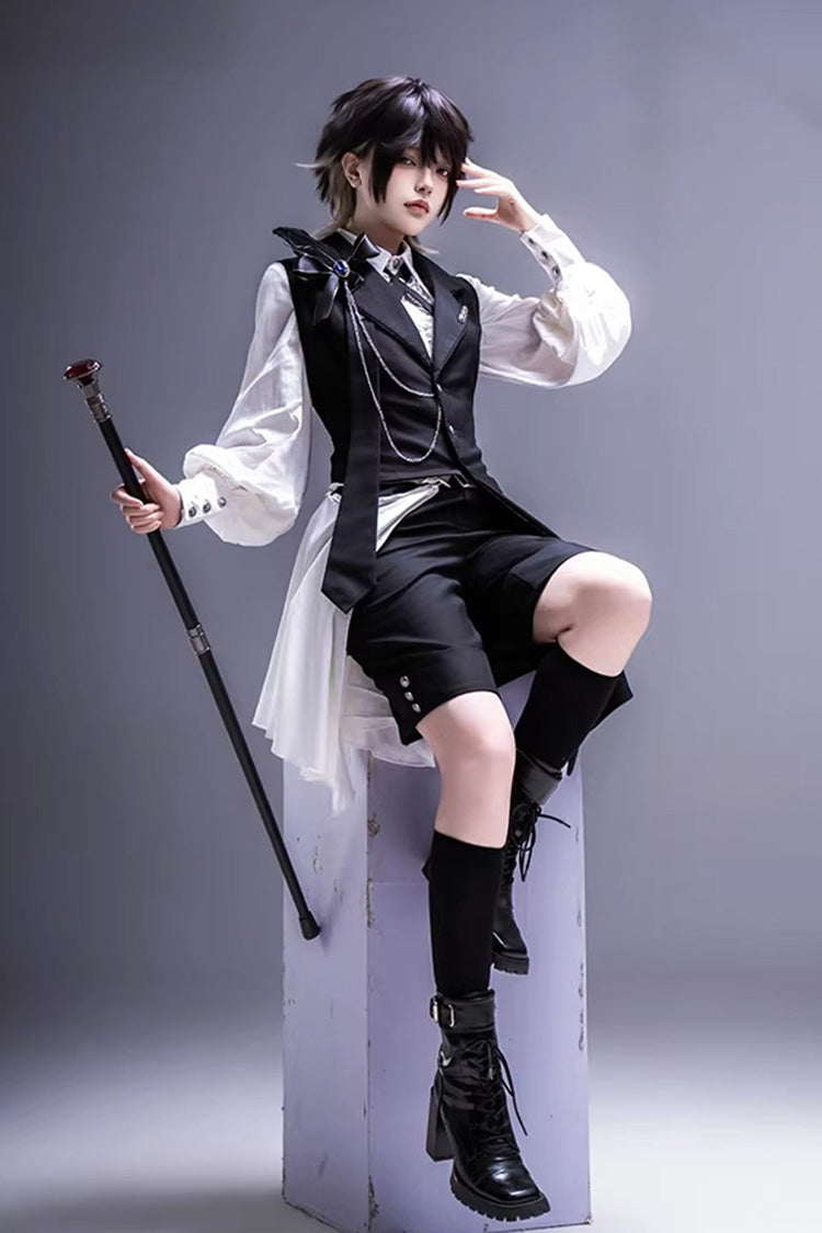 Black/White Black Tea Concerto Bow Asymmetric Ouji Fashion Gothic Prince Lolita Vest Top Shorts Set