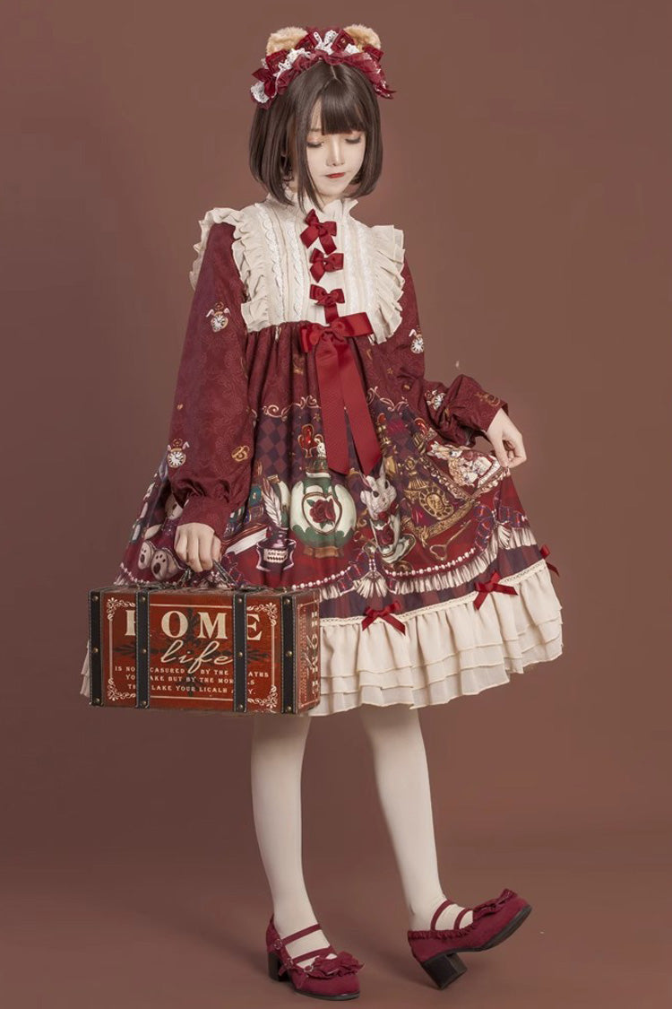 Rabbit and Bear Feast  Long Sleeves Multi-Layered Print Ruffle Bowknot Sweet Lolita Dress 2 Colors