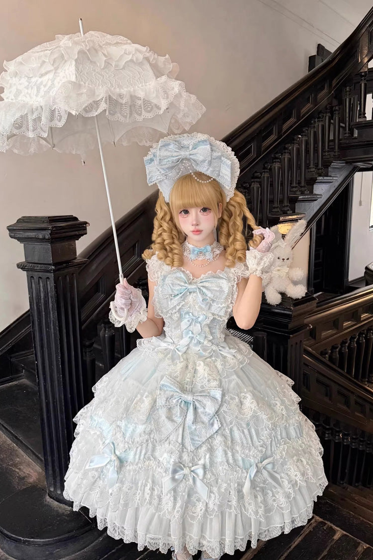 Blue Sakura Dream Romance Sleeveless Multi-Layered Ruffled Hanayome Bow Lace Sweet Princess Lolita Jsk Dress