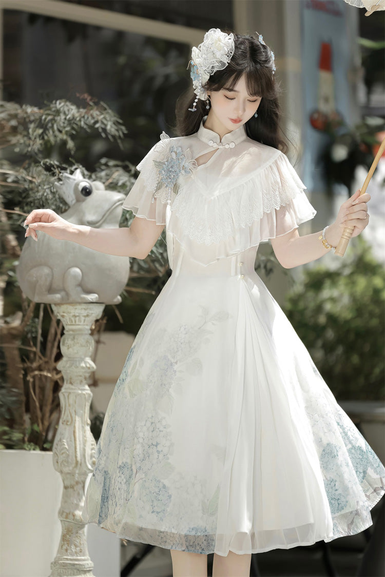 White Hydrangea Message Short Sleeves Print Ruffle Lace Sweet Chinese Style Elegant Lolita Short Dress