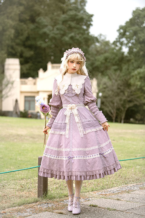 Purple Cross Dark Church Elegant Lace Long Sleeves Ruffled Classic Lolita OP Dress