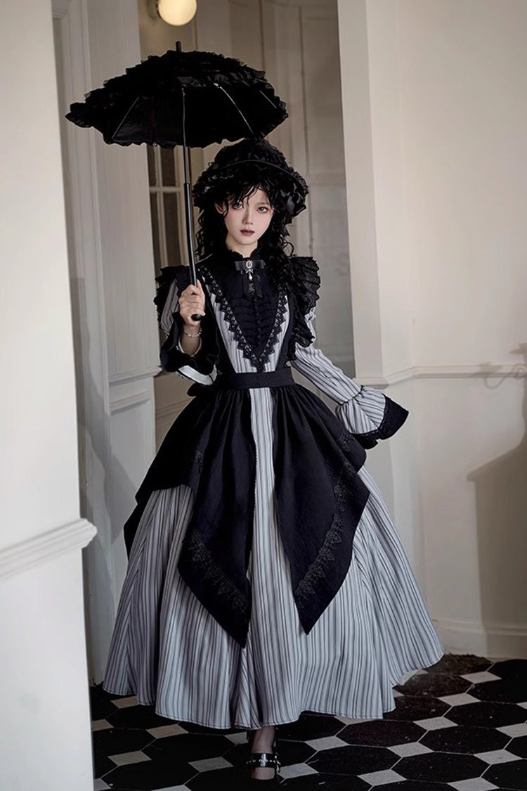 Light Grey Nocturne Vertical Stripes Print Ruffle Bowknot Lace Gothic Lolita Dress 2 Versions