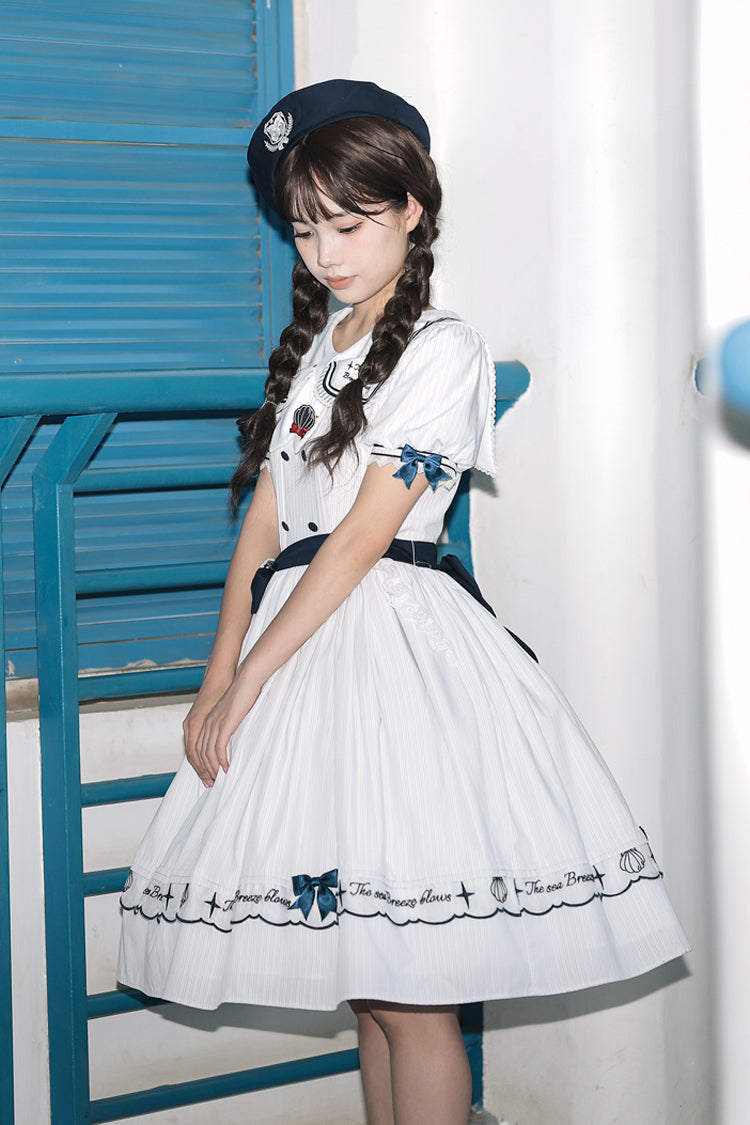 White Navy Stripe Print Short Sleeves Ruffle Embroidery Sweet Lolita Dress