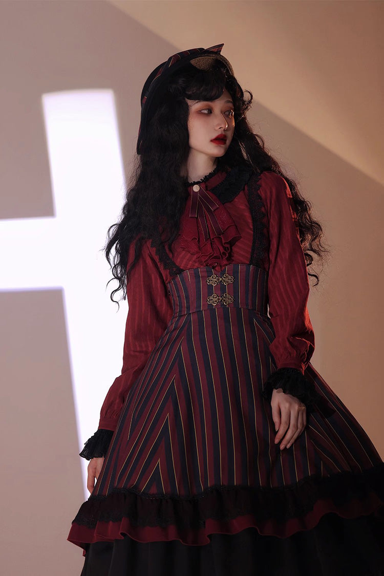 Point Manor Multi-layer Striped Print Ruffle Vintage Elegant Gothic Lolita Skirt 4 Colors