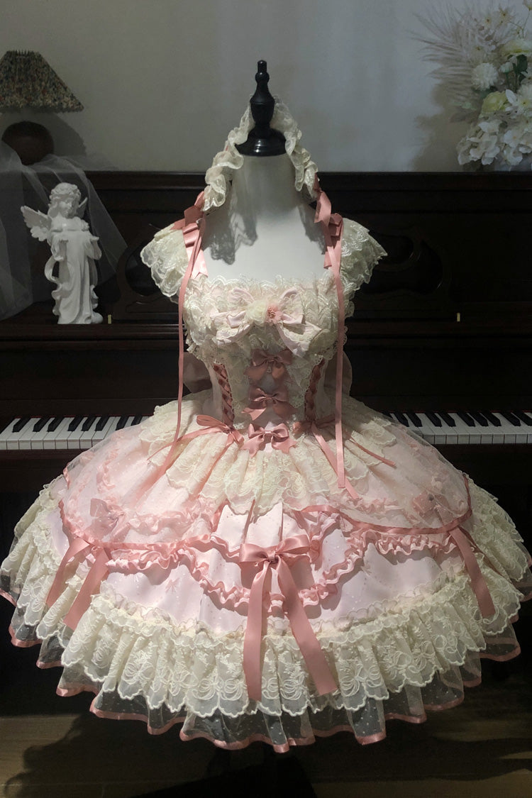 Pink Dreaming Butterfly Multi-Layered Jacquard Ruffle Bowknot Lace Sweet Princess Lolita Jsk Dress