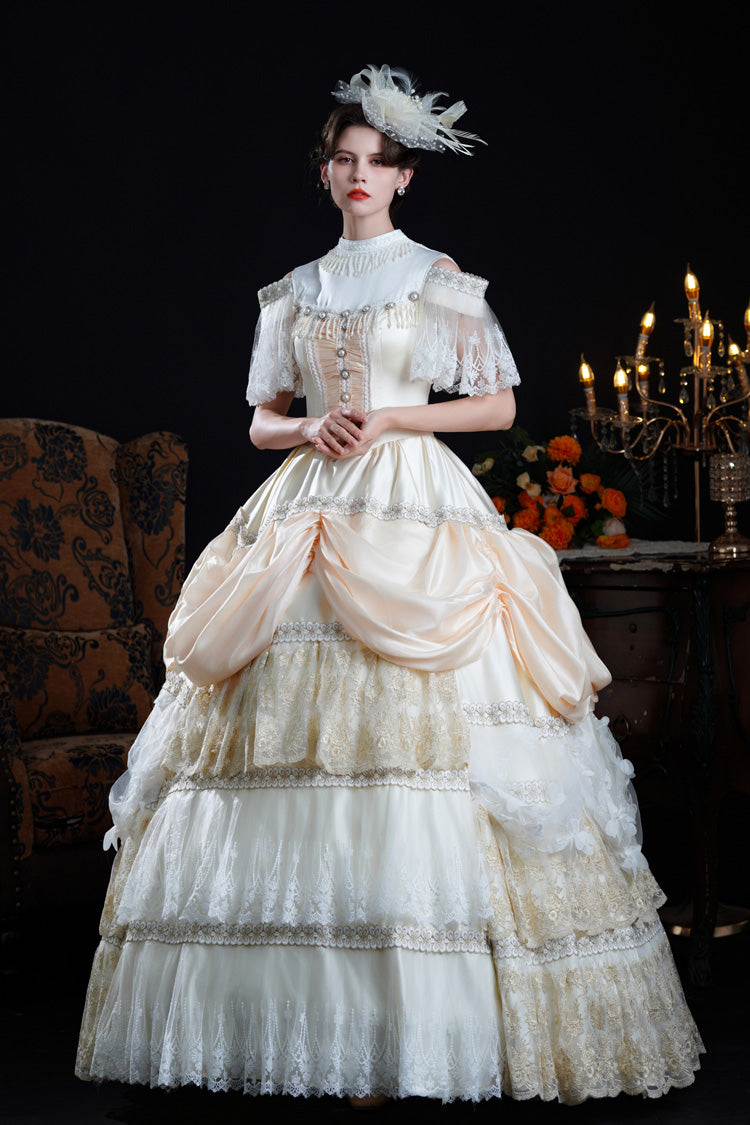 Champagne Stand Collar Multi-Layered Ruffled Lace Classic Vintage Palace Victorian Lolita Dress