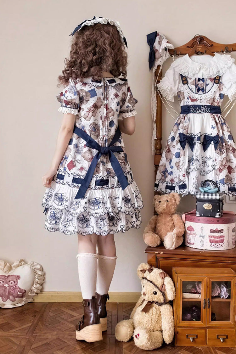 Multi-Color Little Bear Tailor Round Collar Short Sleeves Double-Layered Printed Ruffled Bow Sweet Lolita Dress
