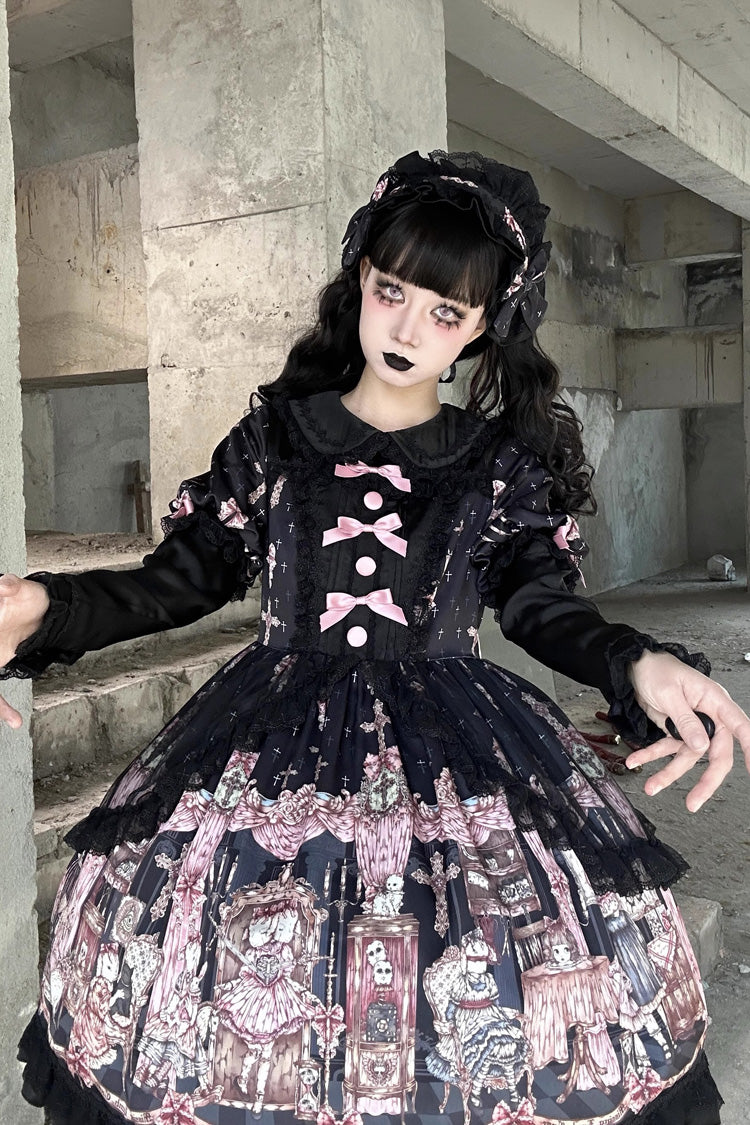 Black The Case of the Missing Lamb Print Long Sleeves Ruffle Bowknot Lace Gothic Lolita Dress