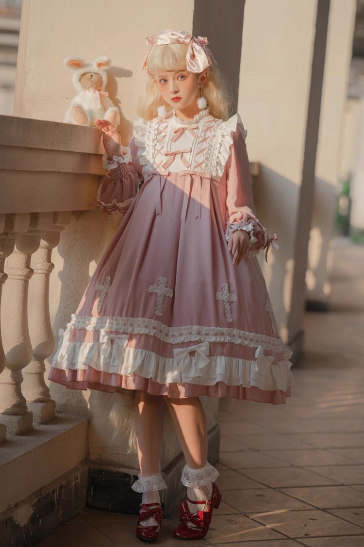 Pink Cross Wish Dream Long Sleeves Bowknot Lace-Up Sweet Lolita Tiered Dress